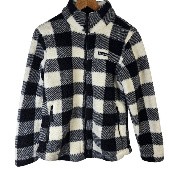 Columbia Womens Fleece Jacket Medium Black White Buffalo Plaid Full Zip Coat - Picture 1 of 6